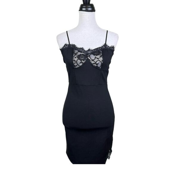 Blanc Dresses & Skirts - Blanc Black Lace Detail Bodycon Adjustable Spaghetti Strap Mini Dress Side Slit
